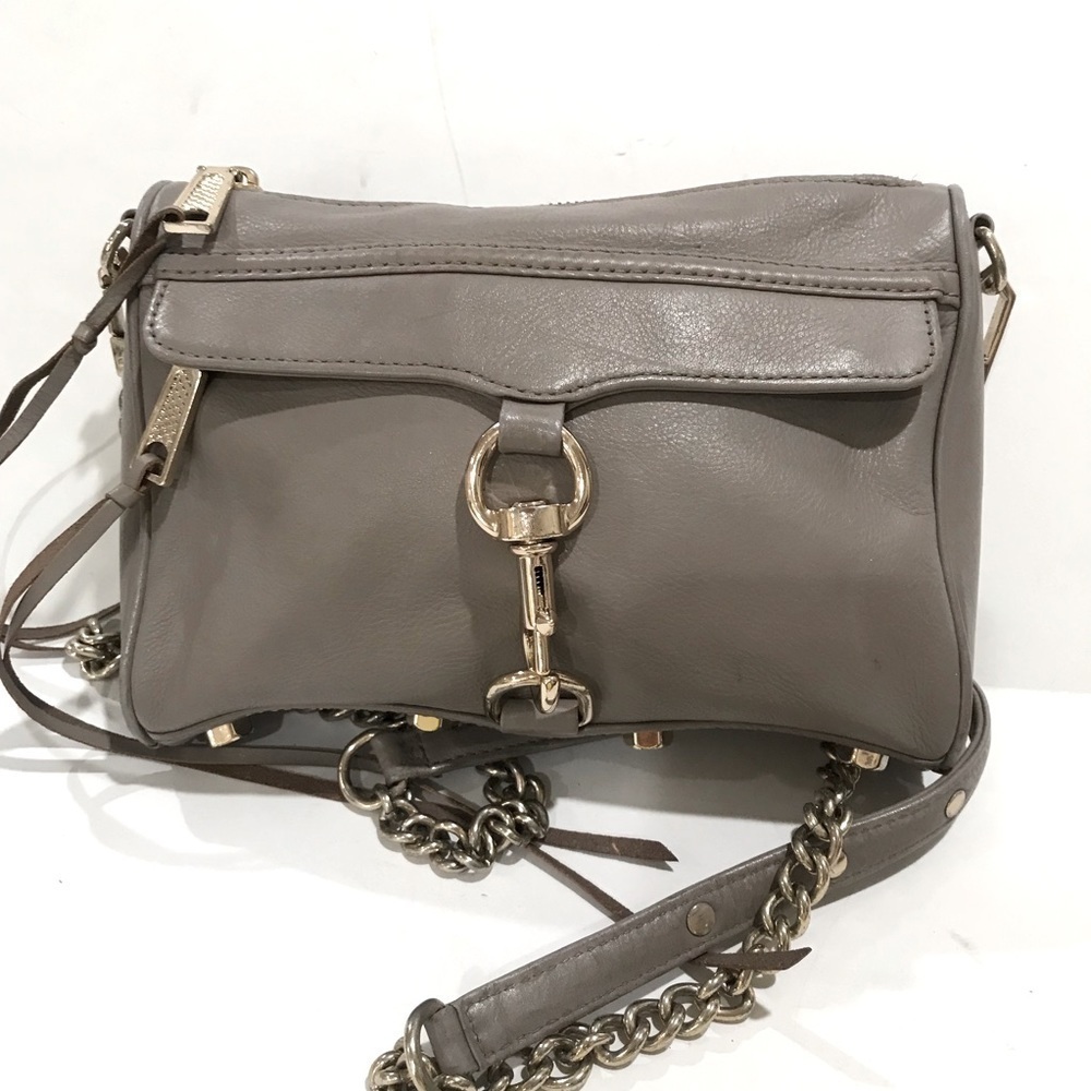 Rebecca Minkoff Crossbody color gray taupe leather bag 6H by 9W by 1.5 E